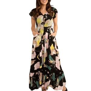 caroline morgan black floral button down maxi dress
